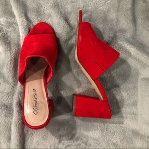 Red suede mules, size 8